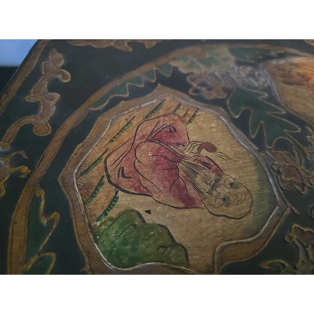 Antique Large Hexagonal Wooden Box Asian Hand Painted 6 Inside Compartments Rare